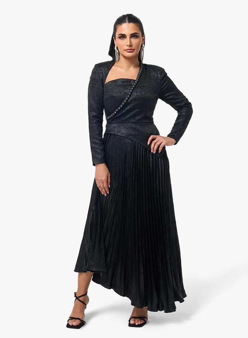 Threadz by Ajooni  Pleated Long Sleeve Maxi Dress for Women | Best Price UAE